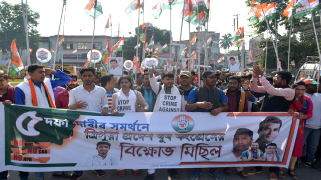 Tripura Youth Congress holds a protest rally in Agartala Tuesday. Image: Indigenousherald