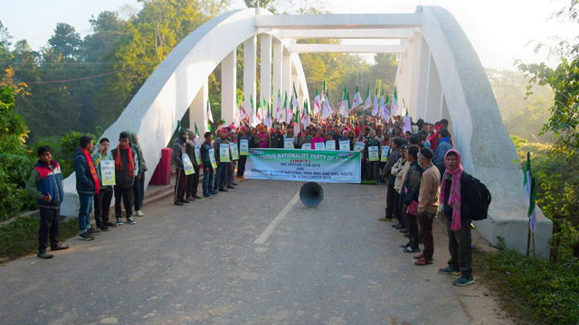 Activists of the Indigenous Nationalist Party of Twipra (INPT) join road-rail blockade agitation at various places in Tripura Thursday to protest against the Citizenship Amendment Bill (CAB) set to be tabled in the parliament next week. Image: Indigenousherald