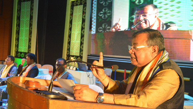 Minister Ratan Lal Nath addresses at the North East Multi Media Campaign State Level Quiz in Agartala Saturday. Image: Indigenousherald