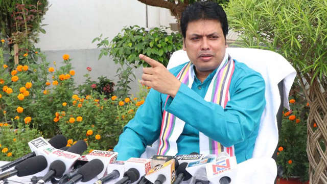 Chief Minister Biplab Kumar Deb addresses a press conference at his residence in Agartala Monday where he spoke on wide range of issues. Image: Indigenousherald