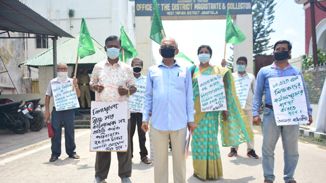 Members of Amra Bangali, a political party, gather at the office of the west Tripura district magistrate in Agartala Tuesday to submit memorandum on various issues. Image: Indigenousherald