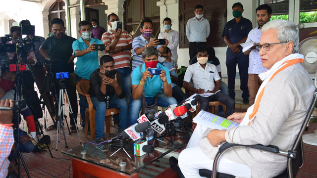 Deputy Chief Minister Jishnu Debbarman holds news conference at his official residence in Agartala Tuesday. Image: Indigenousherald