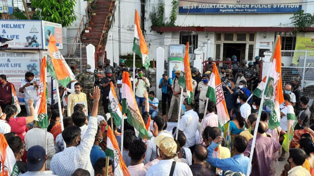 Congress workers stage protest outside West Agartala Police Station over alleged harassment of a leader Monday. Image: Indigenousherald
