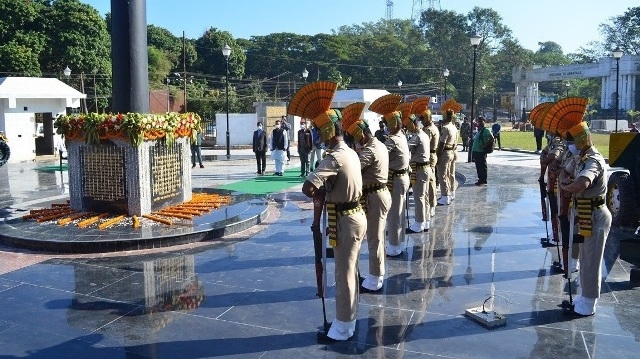 Paramilitary troops present guard of honour at the war memorial on occasion of 50th anniversary of Bijay Diwas in Agartala Thursday. Image: Indigenousherald  
