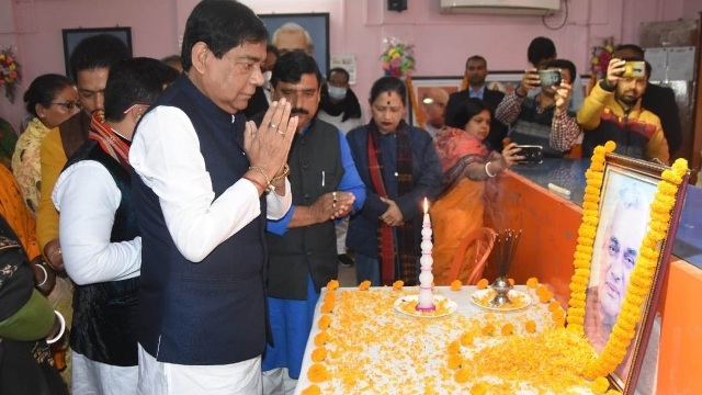 BJP leaders pay tribute to former Prime Minister Atal Bihari Vajpayee on birth anniversary at the party office in Agartala Saturday. Image: Indigenousherald 