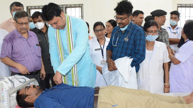 Chief Minister Biplab Kumar Deb attends a voluntary blood donation camp at IGM Hospital held in commemoration of International Nurses Day in Agartala Wednesday Image: Indigenousherald 