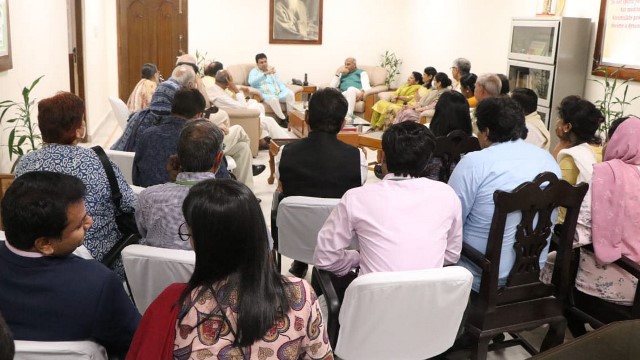 Tripura Chief Minister Biplab Kumar Deb interacts with the Chairman and Members of the Parliamentary Standing Committee on Housing and Urban Affairs at his office in Agartala Thursday. Image: Twitter 