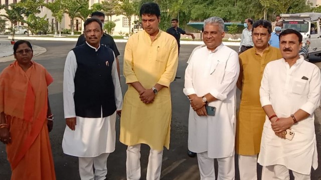 Tripura Chief Minister Biplab Kumar Deb along with BJP’s central leaders comes out from Raj Bhavan after submitting his resignation to the Governor in Agartala Saturday. Image: Indigenousherald 