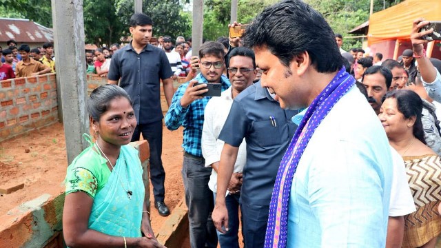 Former Tripura Chief Minister Biplab Kumar Deb visits house of beneficiaries of PMAY at Dhalabil area in Khowai Saturday in his latest interaction programme with common people. Image: Indigenousherald