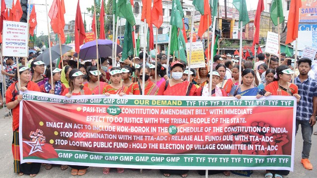 Tribal fronts of the CPI(M) hold a rally to the Governor’s House in Agartala Saturday to press various demands. Image: Indigenousherald 