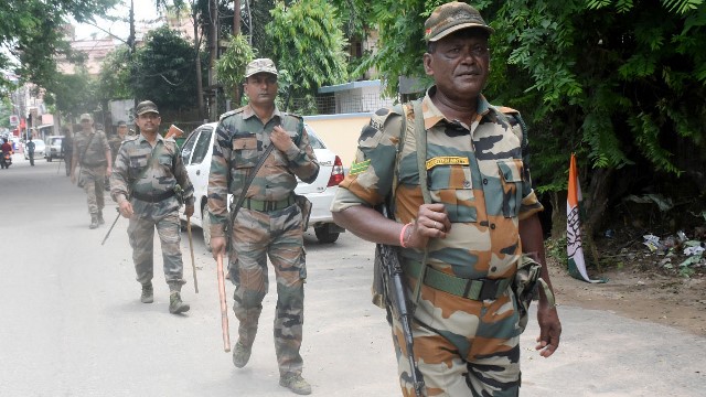 Paramilitary forces patrol at a bypoll bound assembly constituency in Agartala Friday. Image: Indigenousherald 