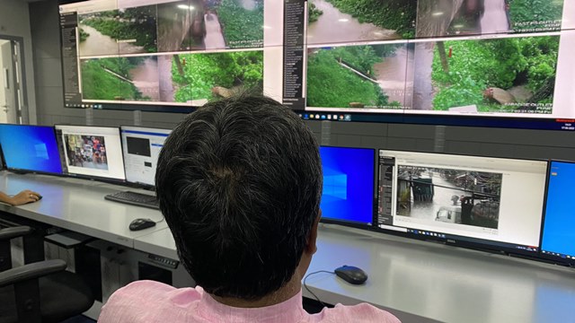 Tripura Chief Minister Dr Manik Saha checks flood situation in Agartala city from the Integrated Command and Control Center Friday. Image: Twitter 
