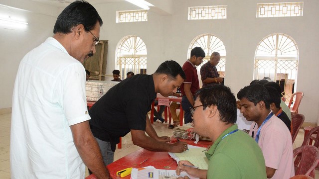 Polling officials deployed in ensuing by-elections in Tripura cast vote through postal ballot at a booth in Agartala Saturday. Image: Indigenousherald