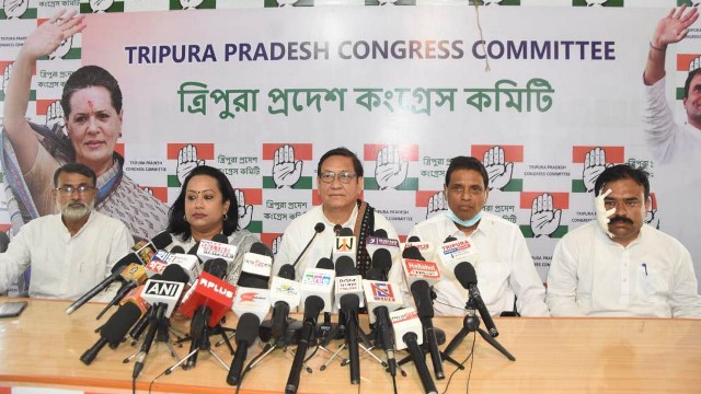 Senior Congress leaders speak to newsmen in Agartala Friday to allege attacks on party leaders across Tripura. Image: Indigenousherald