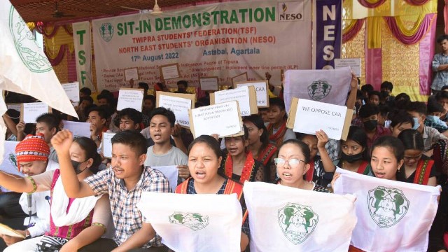 Members of the Twipra Students Federation (TSF) stage a squatting stir in Agartala Wednesday to press some issues. Image: Indigenousherald
