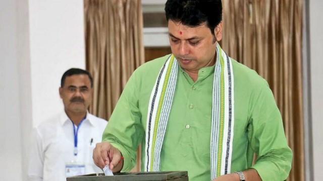 Former Tripura Chief Minister and BJP candidate Biplab Kumar Deb casts his vote in by-election to lone Rajya Sabha seat in the state at the Assembly Secretariat in Agartala Thursday. Image: Indigenousherald