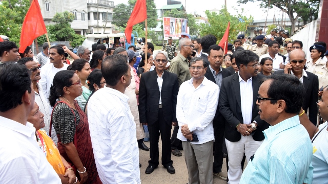 Senior CPI(M) leaders lead a protest at the police headquarters in Agartala Thursday against violence targeting a CPI(M) rally. Image: Indigenousherald