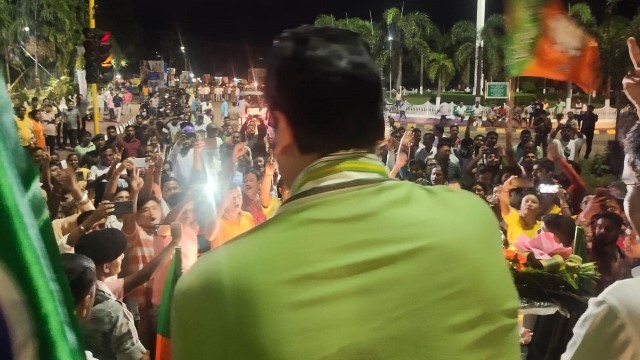 Celebration erupts in Agartala Thursday evening to mark victory of former Chief Minister Biplab Kumar Deb in Rajya Sabha by-election. Image: Indigenousherald 