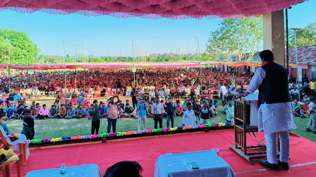 Former Tripura Chief Minister Biplab Kumar Deb speaks at a massive rally attended by members of the indigenous communities at Thalchara in Amarpur of Gomati district Tuesday. Image: Indigenousherald 