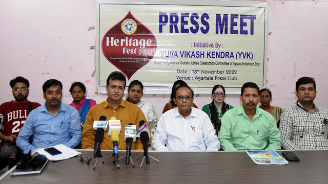 Patrons and office bearers of the Yuva Vikash Kendra speak to newsmen in Agartala Friday to disseminate information in connection with an upcoming event. Image: Indigenousherald 