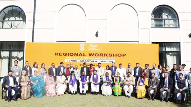 Tripura CM Dr Manik Saha, Union MoS Pratima Bhoumik, ministers and participants of the two-day Regional Workshop on the Acts / Rules and implementation of schemes under the Department of Social Justice and Empowerment in Agartala Friday. Image: Indigenousherald