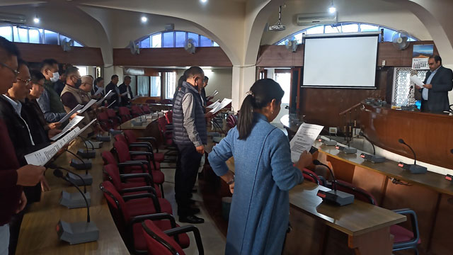 Nagaland Home Commissioner Abhijit Sinha and officers reading out the Preamble to the Indian Constitution in observation of the Constitution Day at the Secretariat Conference Hall in Kohima Saturday. Image: Indigenousherald