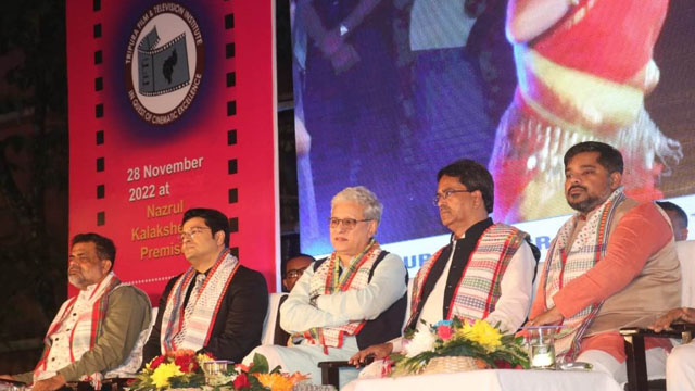 Tripura Chief Minister Dr Manik Saha, Deputy Chief Minister Jishnu Debbarman, Information and Cultural Affairs Minister Sushanta Chowdhury and distinguished guests at the inauguration of the Tripura Film and Television Institute at Agartala Monday. Image: Indigenousherald 