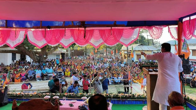 Former Tripura Chief Minister and Rajya Sabha MP Biplab Kumar Deb addresses a rally mostly attended by indigenous people at Cittamara in south Tripura Saturday. Image: Indigenousherald 