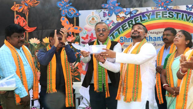 Tripura Information Minister Sushanta Chowdhury inaugurates Butterfly Festival at the Heritage Park of the Forest Department in Agartala Sunday. Image: Indigenousherald