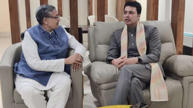 Former Tripura Chief Minister and Rajya Sabha Member Biplab Kumar Deb discusses development plans of the rubber industry in Tripura with the Rubber Board Chairman Dr Sabar Dhanania Sunday. Image: Twitter