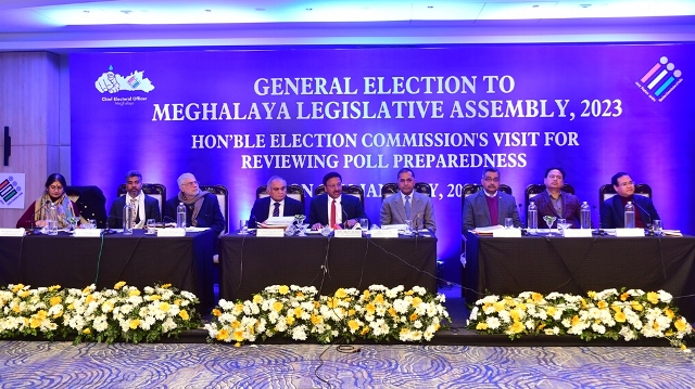 Full Bench of the Election Commission of India led by CEC Rajiv Kumar elaborates preparations for the ensuing Meghalaya Legislative Assembly Election 2023 at a news conference in Shillong Friday. Image: Indigenousherald