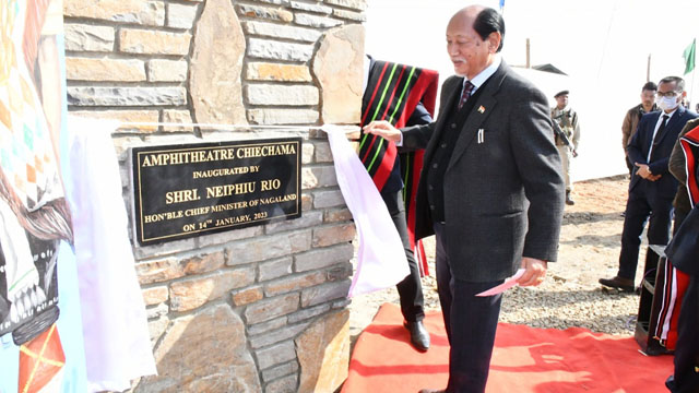 Nagaland Chief Minister Neiphiu Rio inaugurates Village Council Amphitheater at Chiechama village Saturday. Image: DIPR