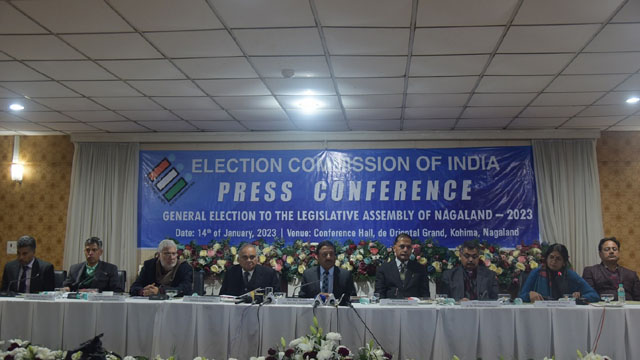 The Election Commission of India led by Chief Election Commissioner Rajiv Kumar speaks at a press conference in Kohima Saturday to highlight measures to hold peaceful elections. Image: Indigenousherald
