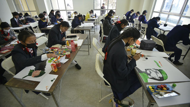 Students participate in the Drawing and Painting Competition on the life of Netaji Subhas Chandra Bose at Capital Cultural Hall in Kohima Wednesday. Image: DIPR
