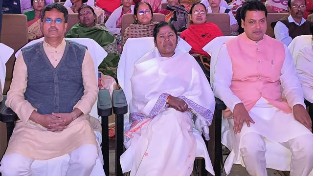 Chief Minister Dr Manik Saha, Union MoS Pratima Bhowmik and Former Chief Minister Biplab Kumar Deb grace an auspicious programme in Agartala Sunday. Image: Indigenousherald