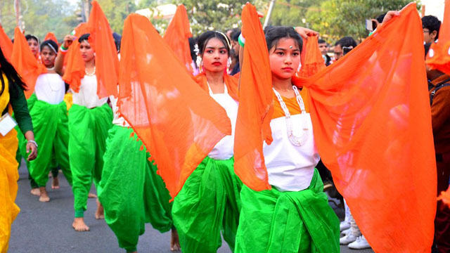 Girl students present a theme during a colourful rally to mark 126th Birth anniversary of India’s independence hero Netaji Subhas Chandra Bose in Agartala Monday. Image: Indigenousherald