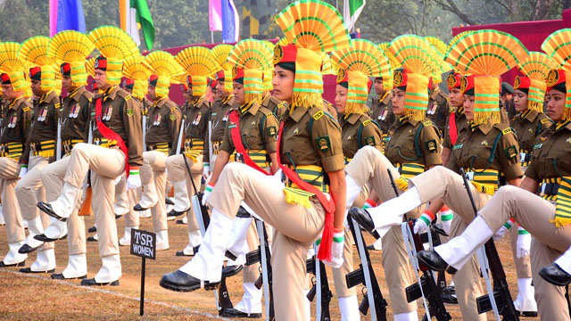 A smart women contingent of the Tripura State Rifles joins its male counterpart in Full Dress Rehearsal at Assam Rifles Ground in Agartala Tuesday ahead of the Republic Day. Image: Indigenousherald