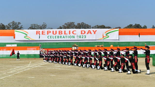 Members of an all women security contingent displays operation skill at the Republic Day parade in Shillong Thursday. Image: Indigenousherald