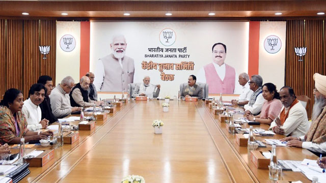 Prime Minister Narendra Modi and BJP national President JP Nadda attends the Central Election Committee Meeting at New Delhi Friday called to discuss campaign, preparedness and list of candidates for ensuing state assembly elections. Image: Twitter