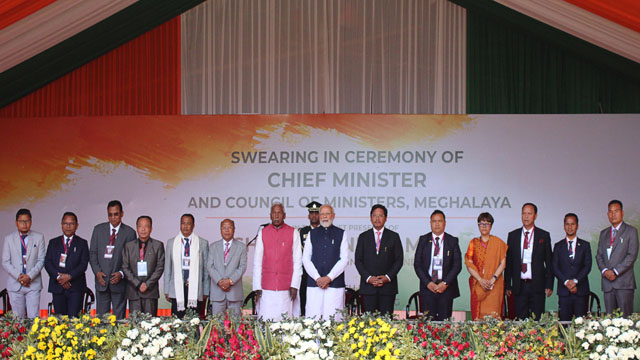 Prime Minister Narendra Modi graces swearing-in of Chief Minister Conrad C Sangma and his cabinet ministers at Shillong Tuesday. Image: Indigenousheralc