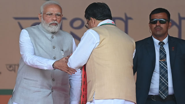 Dr Manik Saha seeks blessings of Prime Minister Narendra Modi after his swearing-in as 12th Chief Minister of Tripura at Agartala Wednesday. Image: Indigenousherald