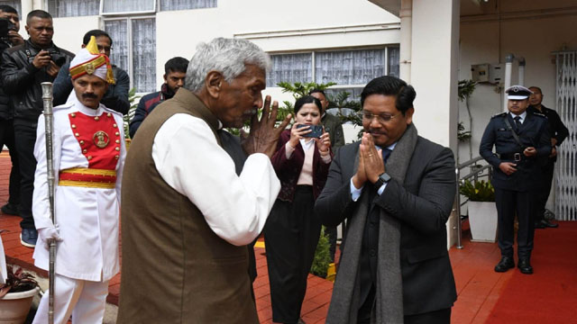 Meghalaya Chief Minister Conrad C Sangma welcomes Governor Phagu Chauhan at the assembly premises on opening day of the budget session of state assembly at Shillong Monday. Image: Indigenousherald