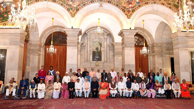 President Draupadi Murmu, Prime Minister Narendra Modi and several central ministers grace Civil Investiture Ceremony for conferment of the Padma Award to the winners of 2023 at New Delhi Wednesday. Image: PIB