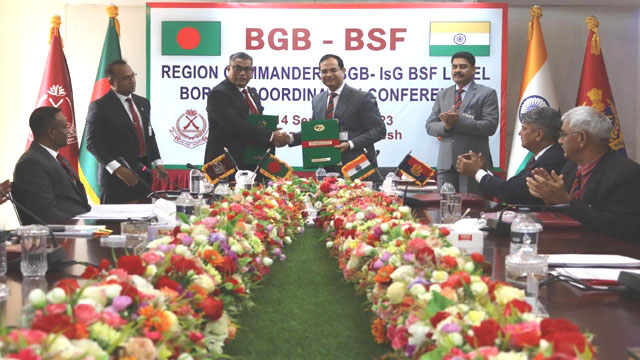Inspectors General BSF, Region Commanders BGB level Border Co-ordination Conference from September 11 to 14 2023 concluded with the signing of the Joint Record of Discussion (JRD) document at Chattogram in southeast Bangladesh Thursday. Image: Indigenousherald