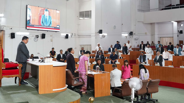 Members observe a minute of silence during condolence reference on the opening day of the Autumn Session of Meghalaya Assembly at Shillong Friday. Image: Indigenousherald