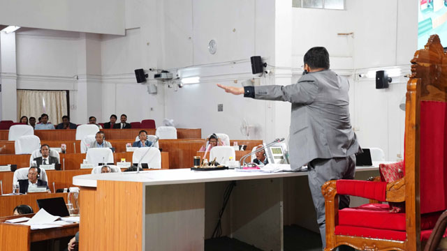 Meghalaya assembly speaker Thomas A Sangma Friday stands on his feet to restore in the assembly which is currently holding autumn session. Image: Indigenousherald