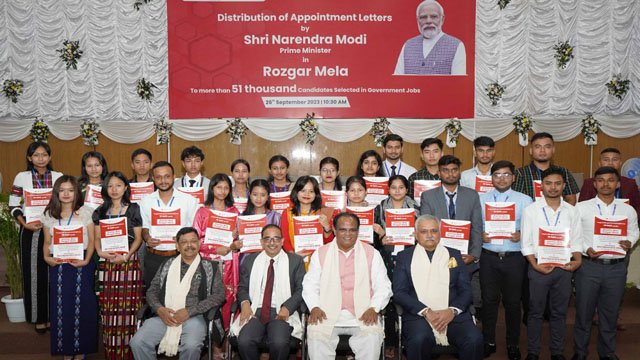 John Barla, Union Minister of State, Ministry of Minority Affairs hand appointment letters to the new recruits in the various departments at the event of Rozgar Mela which was held in 46 locations across the country, at Shillong Tuesday. Image: PIB