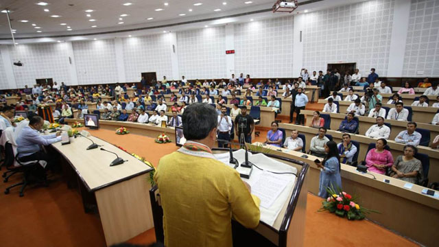 Chief Minister Dr Manik Saha speaks at a programme in Agartala Saturday to mark five years completion of Ayushman Bharat and two years completion of Ayushman Bharat- Digital Mission. Image: Indigenousherald