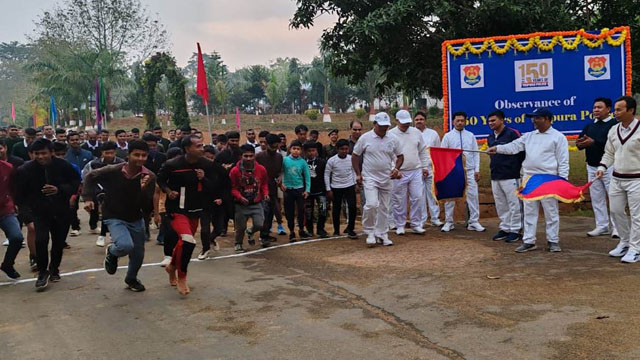 Tripura police held a 5 kilometer run to commemorate their 150 years at the police reserve campus in Agartala Friday. Image: Indigenousherald
