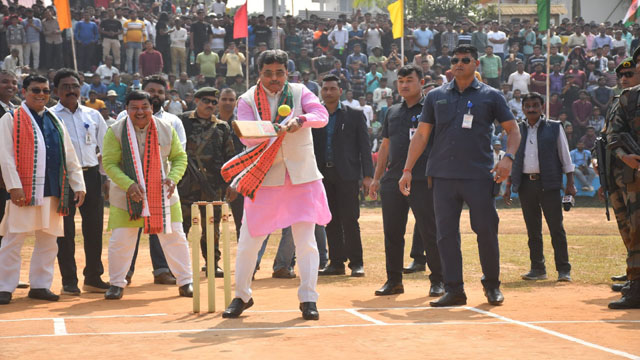 Tripura Chief Minister Dr Manik Saha bats to inaugurate the final match of the Kamal Cup Cricket Tournament at Amtali school ground near Agartala Sunday. Image: Web